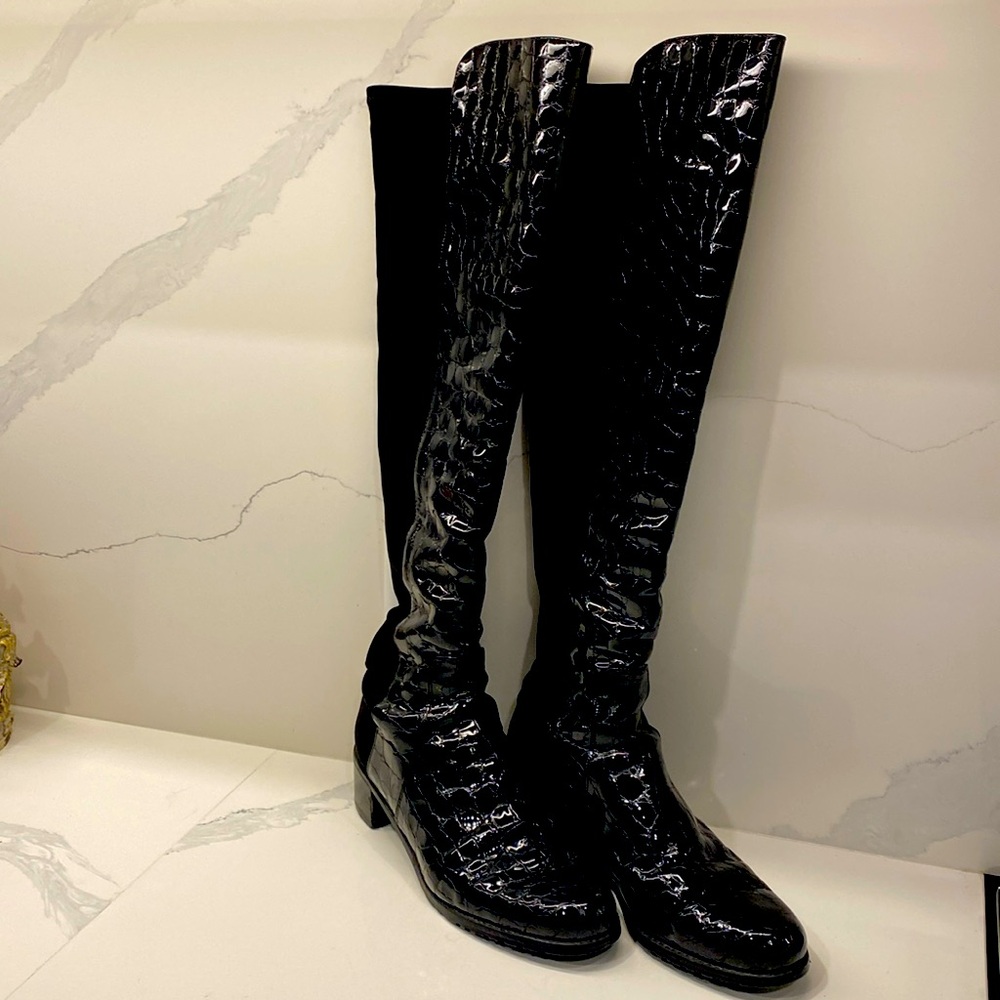 Stunning Stuart Weitzman OTK 50/50 Croc leather boots. Size 10M. Black.